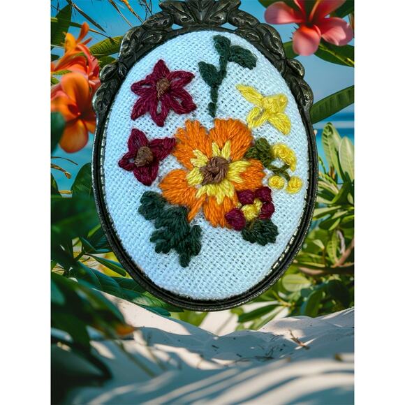 Autumn Floral Handmade Embroidery Necklace - Orange, Red - Picture 2 of 2